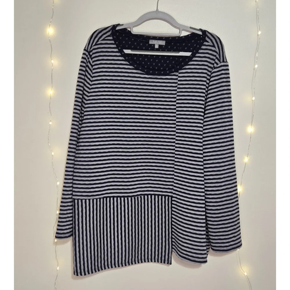 HABITAT Women's Asymmetrical Striped 3/4 Sleeve Top XL Navy Blue Gray Nautical - Picture 1 of 12